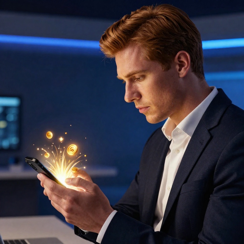 Мужчина рассматривает бонусное предложение на смартфоне в премиальной обстановке