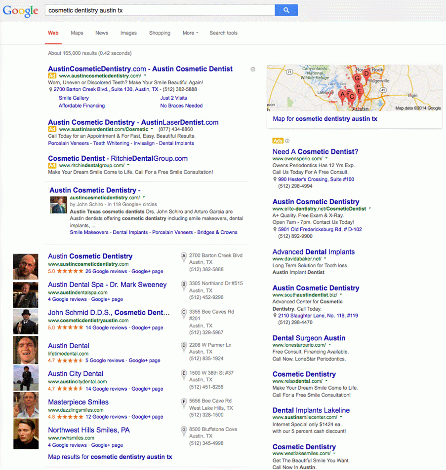 Вот как выглядит типичная страница результатов поиска Google, когда вы выполняете поиск по ключевой фразе, такой как «косметическая стоматология, Остин, Техас»: